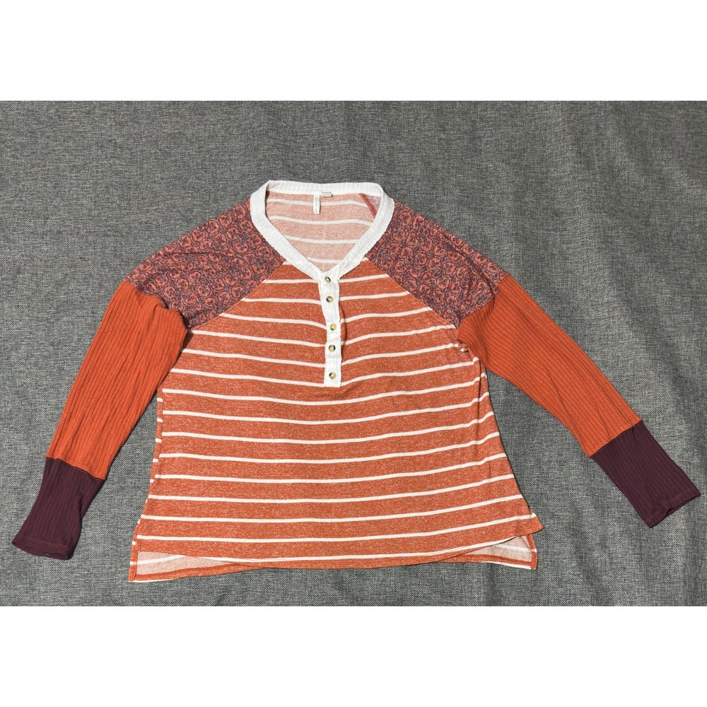 Cato Womens XL Henley Top Mixed Media Striped Ribbed Long Sleeve